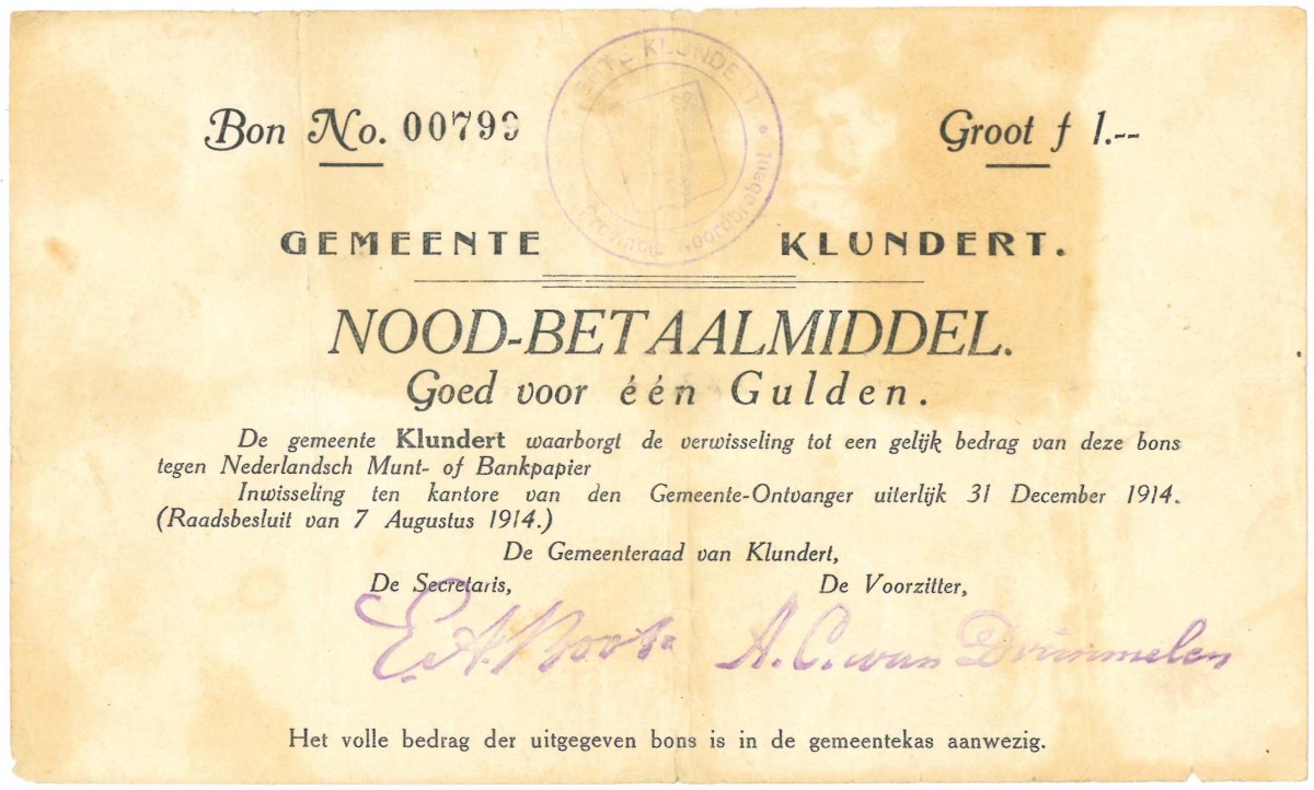 Nederland. 1 gulden. Noodgeld. Type 1914. Type Klundert. - Fraai / Zeer Fraai.