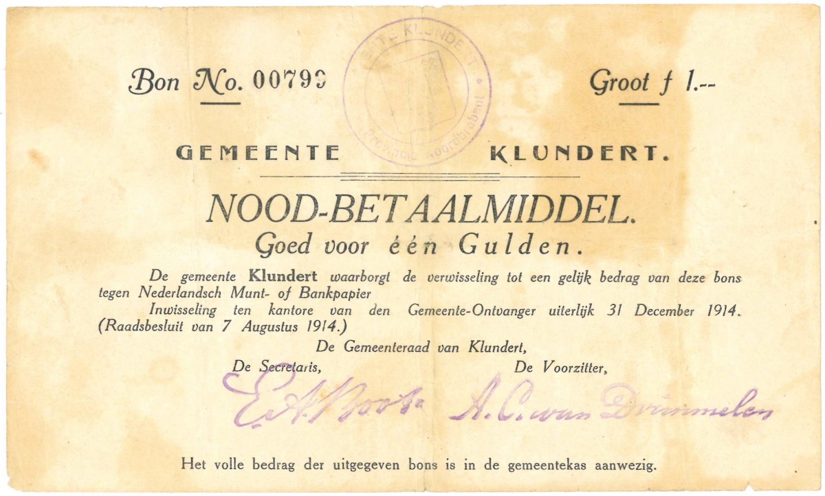 Nederland. 1 gulden. Noodgeld. Type 1914. Type Klundert. - Fraai / Zeer Fraai.