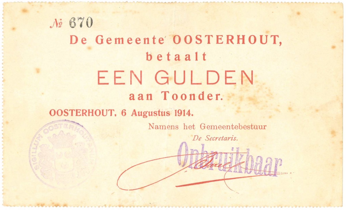 Nederland. 1 gulden. Noodgeld. Type 1914. Type Oosterhout. - Zeer Fraai -.