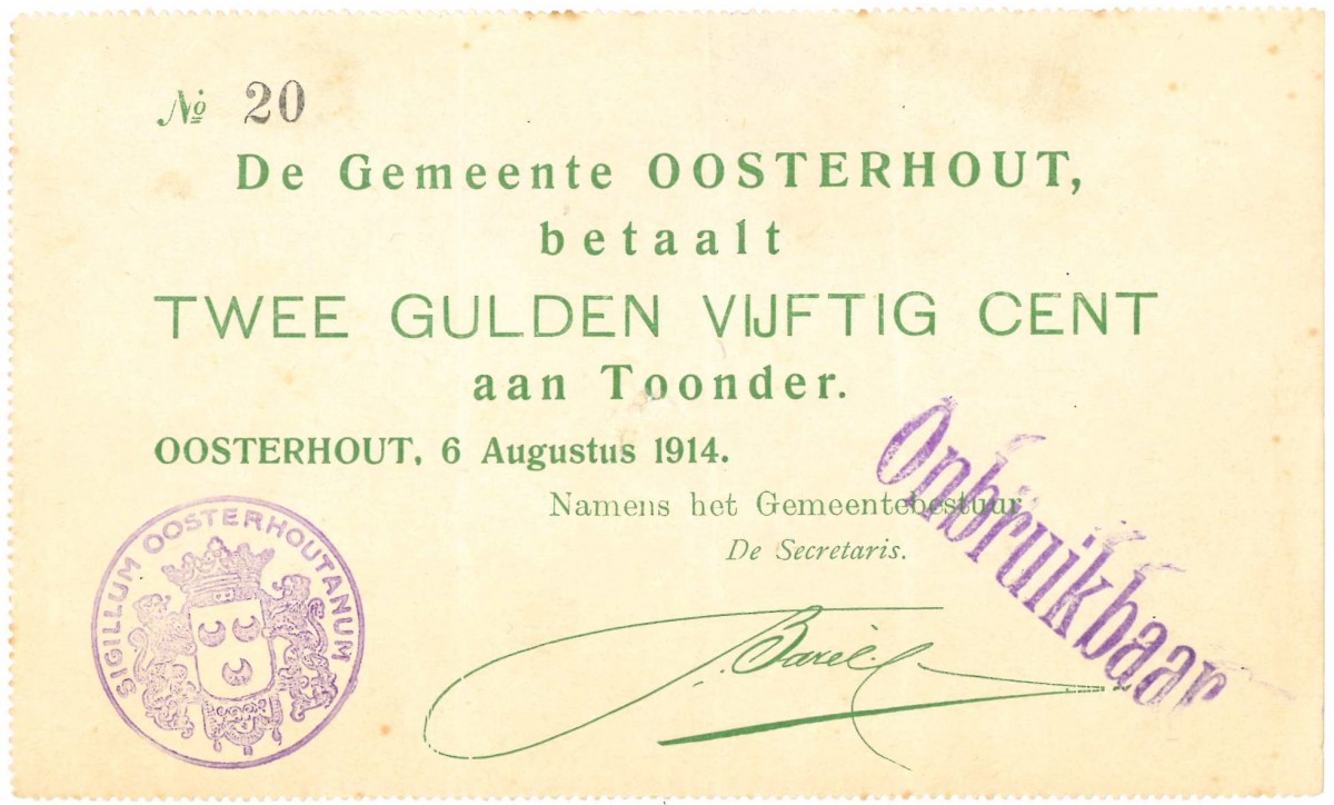 Nederland. 2½ gulden. Noodgeld. Type 1914. Type Oosterhout. - Zeer Fraai +