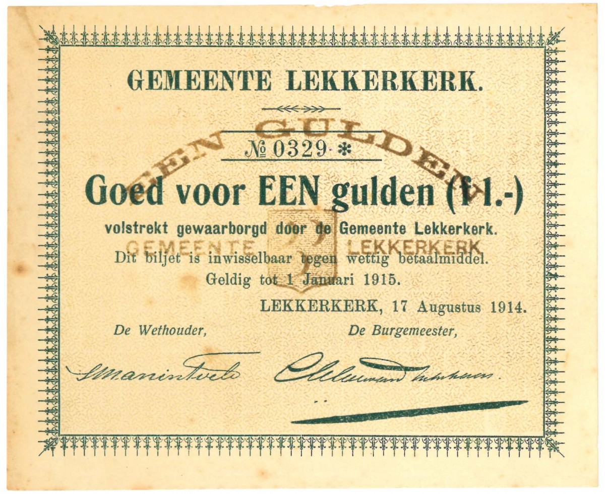 Nederland. 1 gulden. Noodgeld. Type 1914. Type Lekkerkerk. - Zeer Fraai / Prachtig.