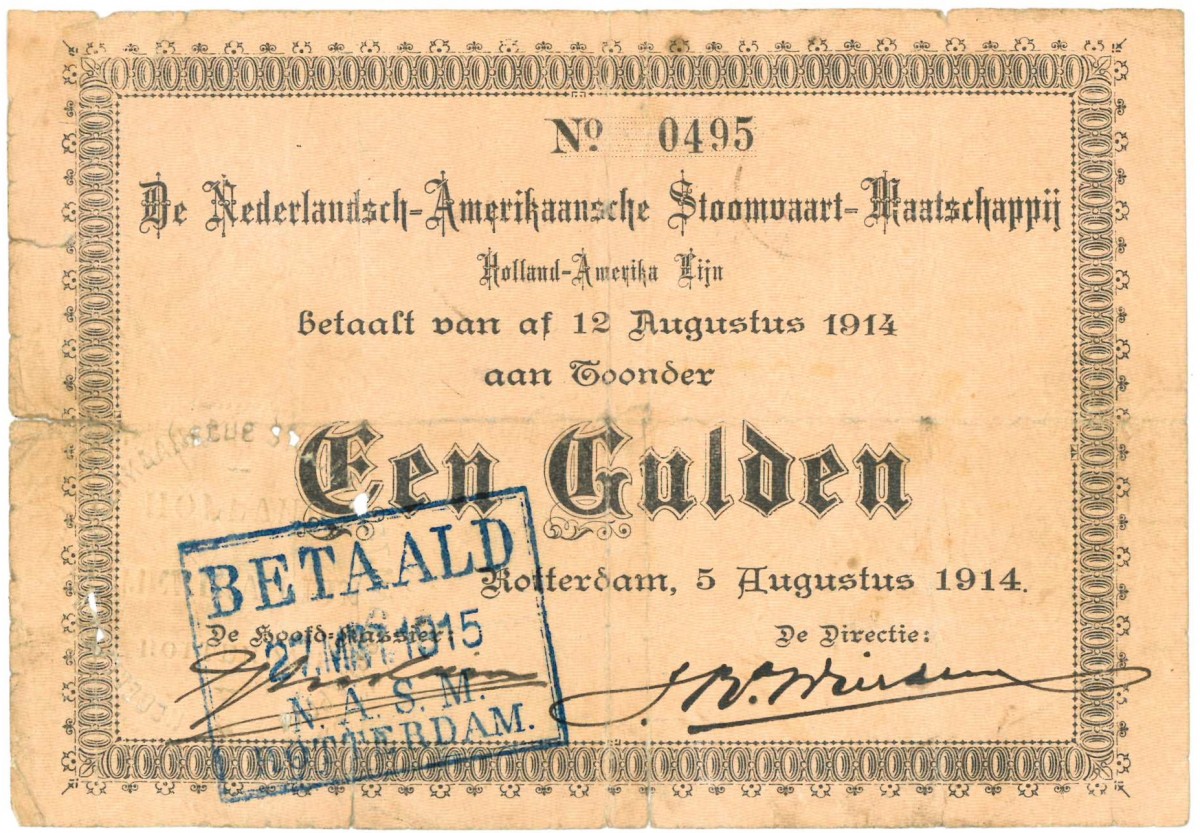 Nederland. 1 gulden. Noodgeld. Type 1914. Type Rotterdam. - Zeer Goed.