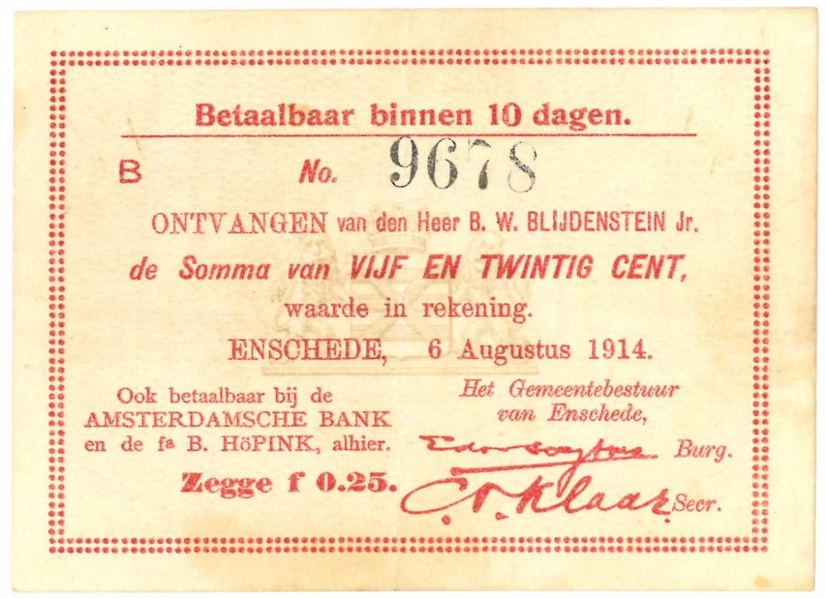 Nederland. 0,25 cent. Noodgeld. Type 1914. Type Enschede. - Zeer Fraai.