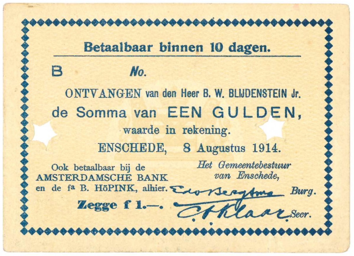 Nederland. 1 gulden. Noodgeld. Type 1914. Type Enschede. - Prachtig.