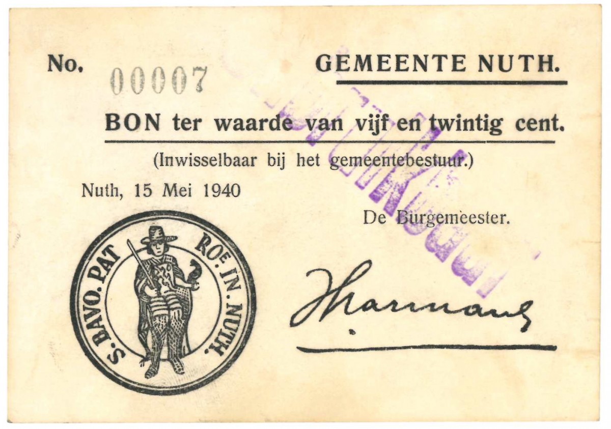 Nederland. 0,25 cent. Noodgeld. Type 1940. Type Nuth. - UNC.