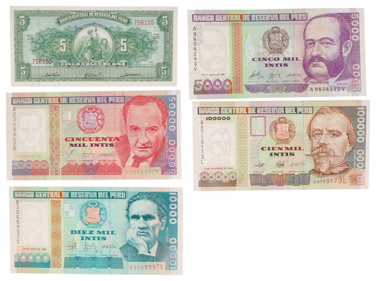 Peru. Lot 5 notes. Banknote. Type 1965-1990. - UNC.