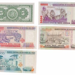 Peru. Lot 5 notes. Banknote. Type 1965-1990. - UNC.