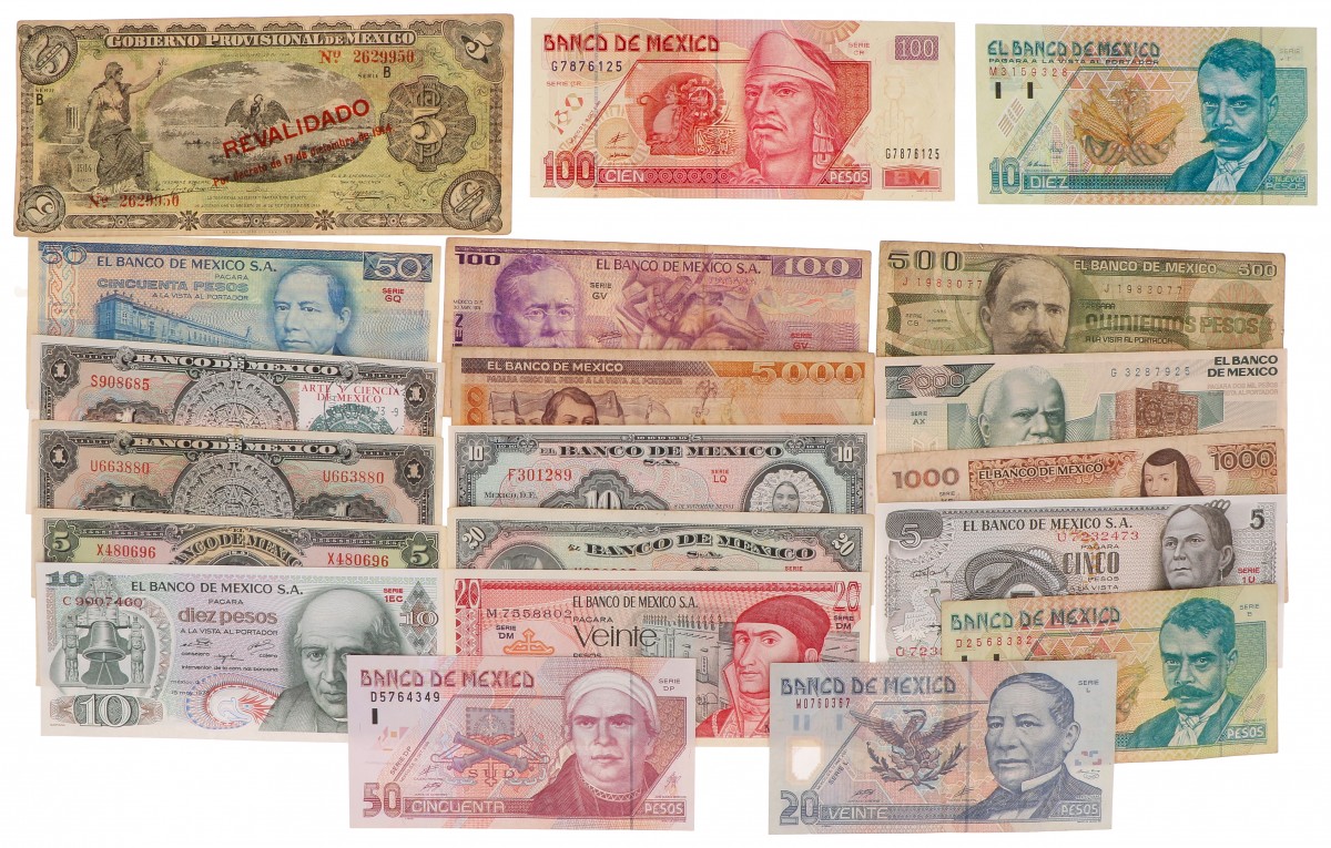 Mexico. Lot 20 notes. Banknote. Type 1957-2001. - Very fine / Extremely fine.