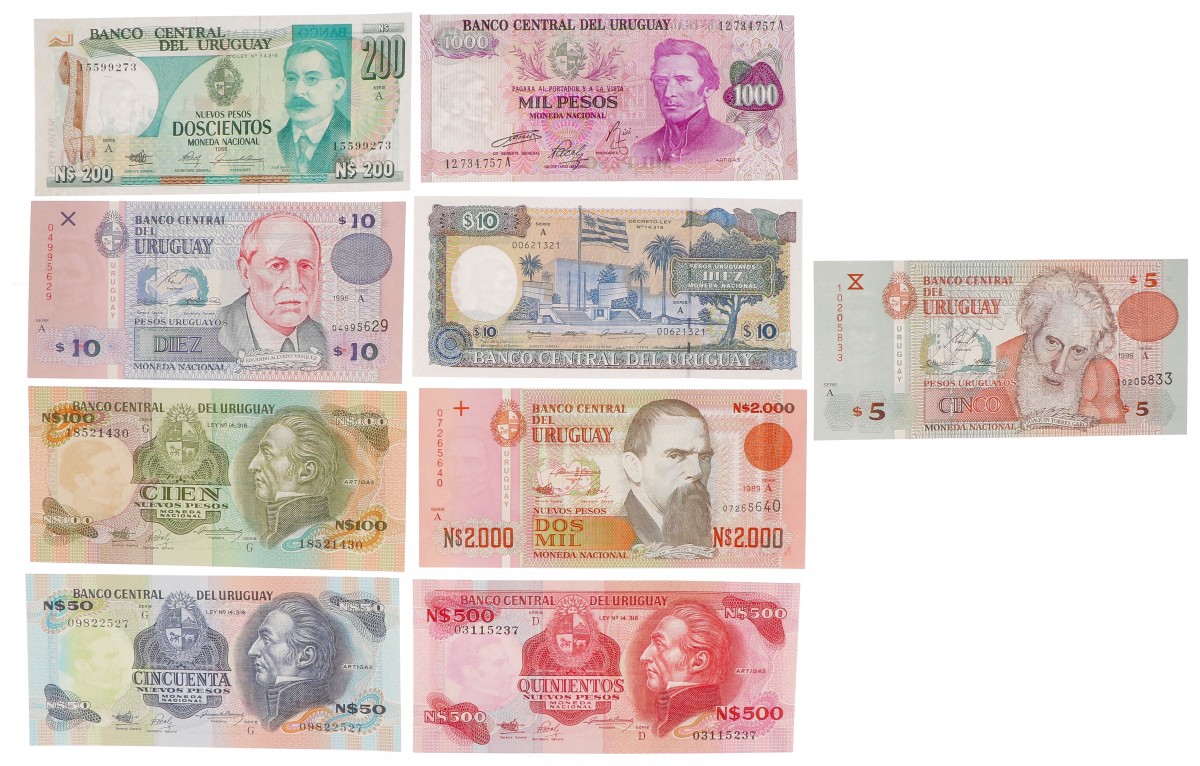 Uruguay. Lot 9 notes. Banknote. Type 1989-1998. - UNC.