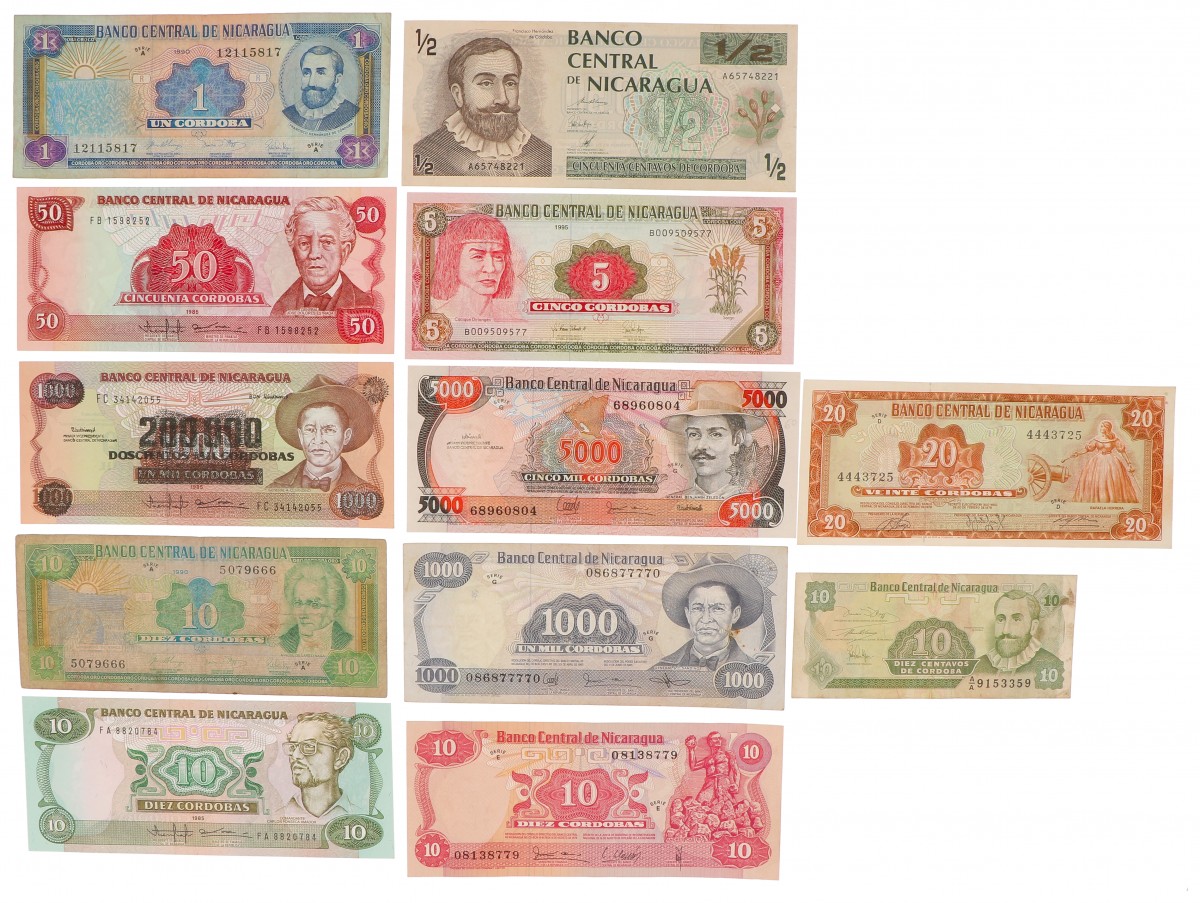 Nicaragua. Lot 12 notes. Banknote. Type 1978-1995. - Fine – UNC.