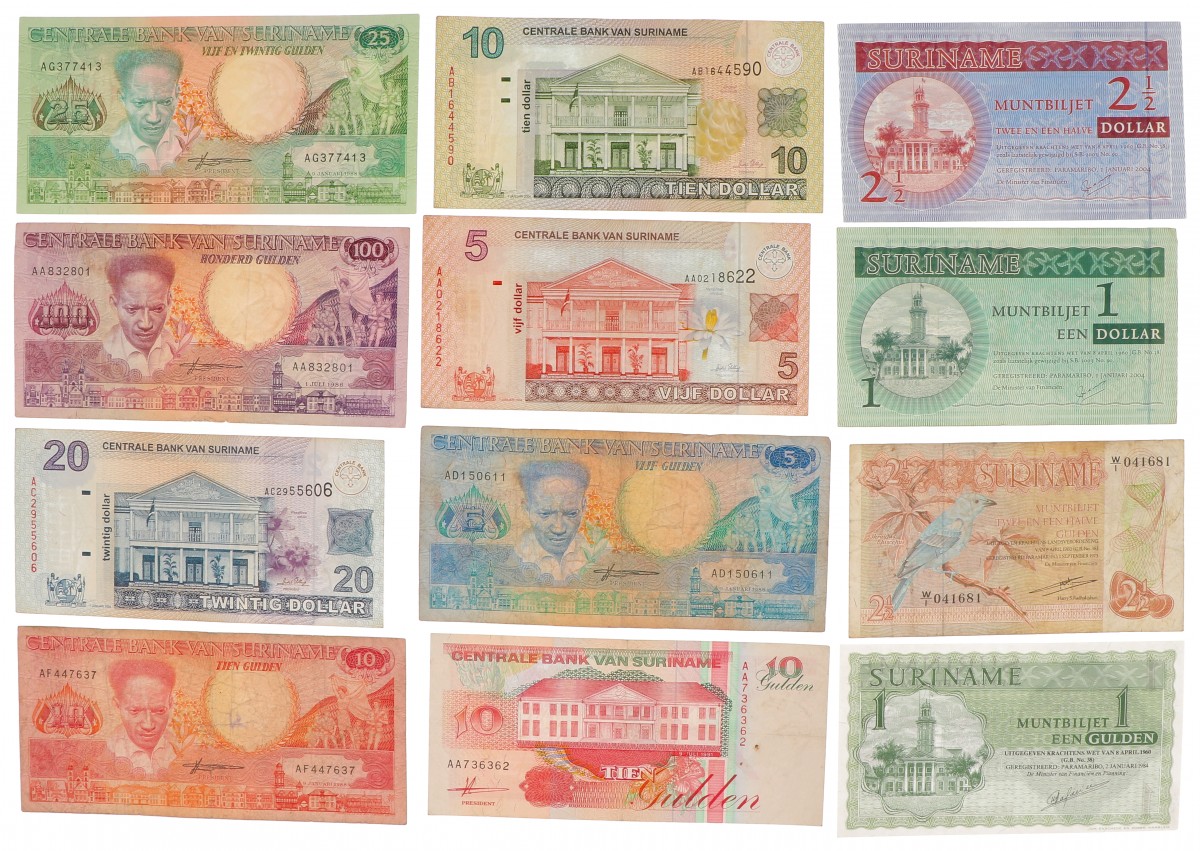 Suriname. Lot 12 notes. Banknote. Type 1960-2004. - Fine – UNC.