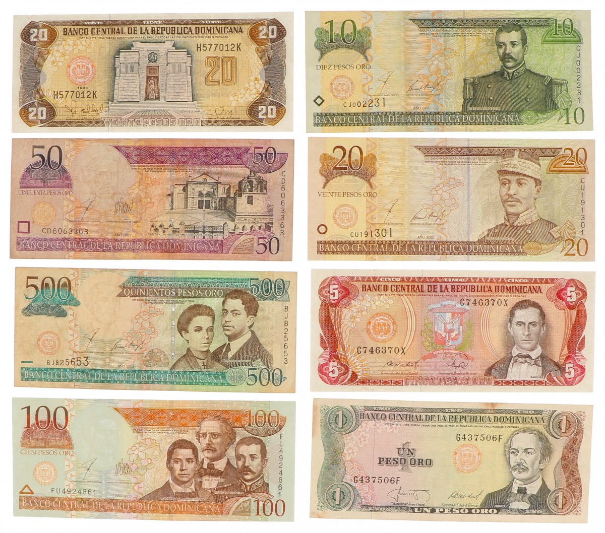 Dominican Republic. Lot 8 notes. Banknote. Type 1988-2003. - Very fine / Extremely fine.