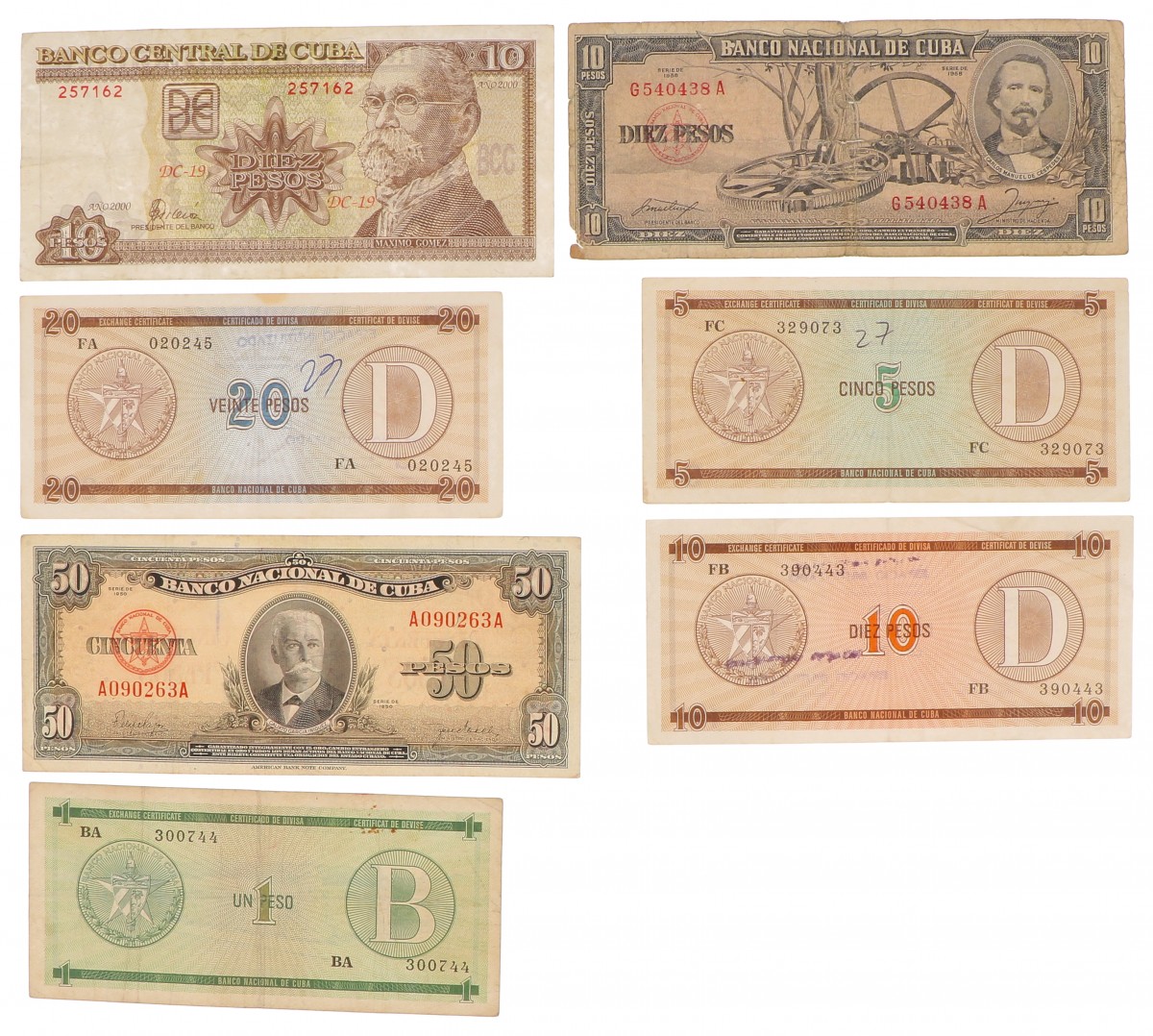 Cuba. Lot 7 notes. Banknote. Type 1950-2000. - Good – Very fine.