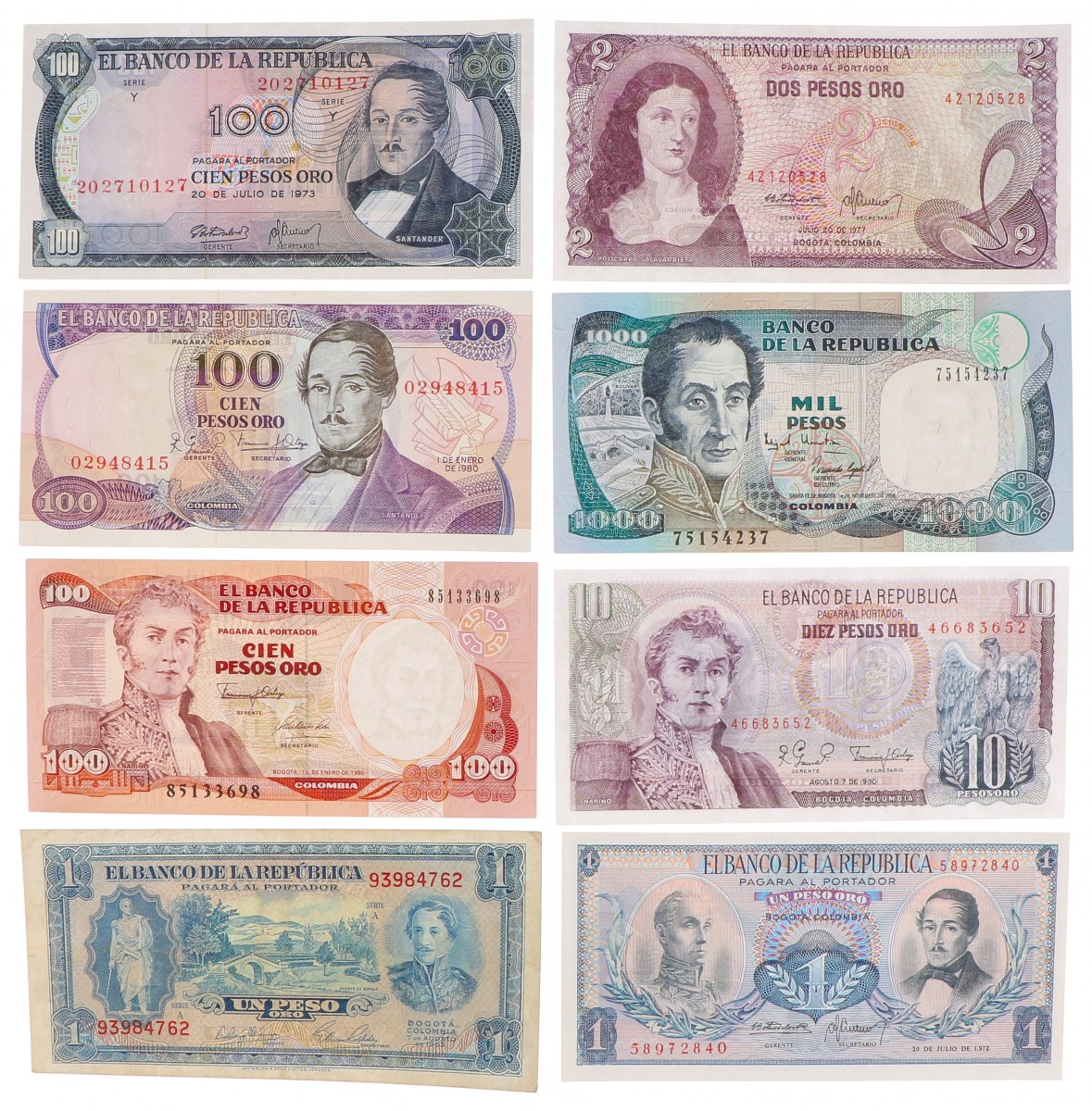 Colombia. Lot 8 notes. Banknote. Type 1953-1980. - Very fine – UNC.