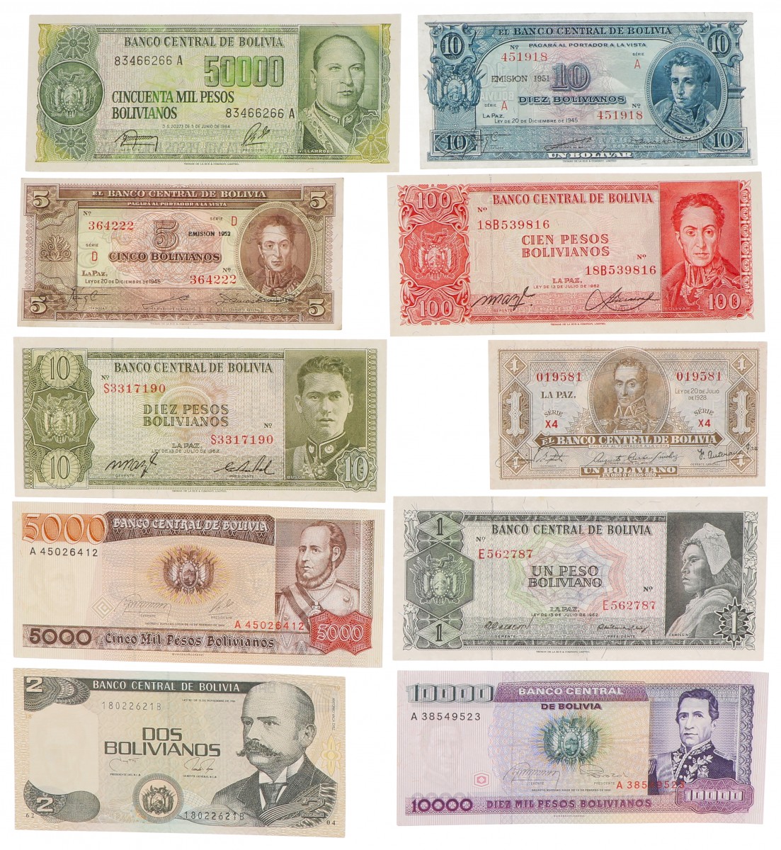 Bolivia. Lot 10 notes. Banknote. Type 1945-1984. - UNC.