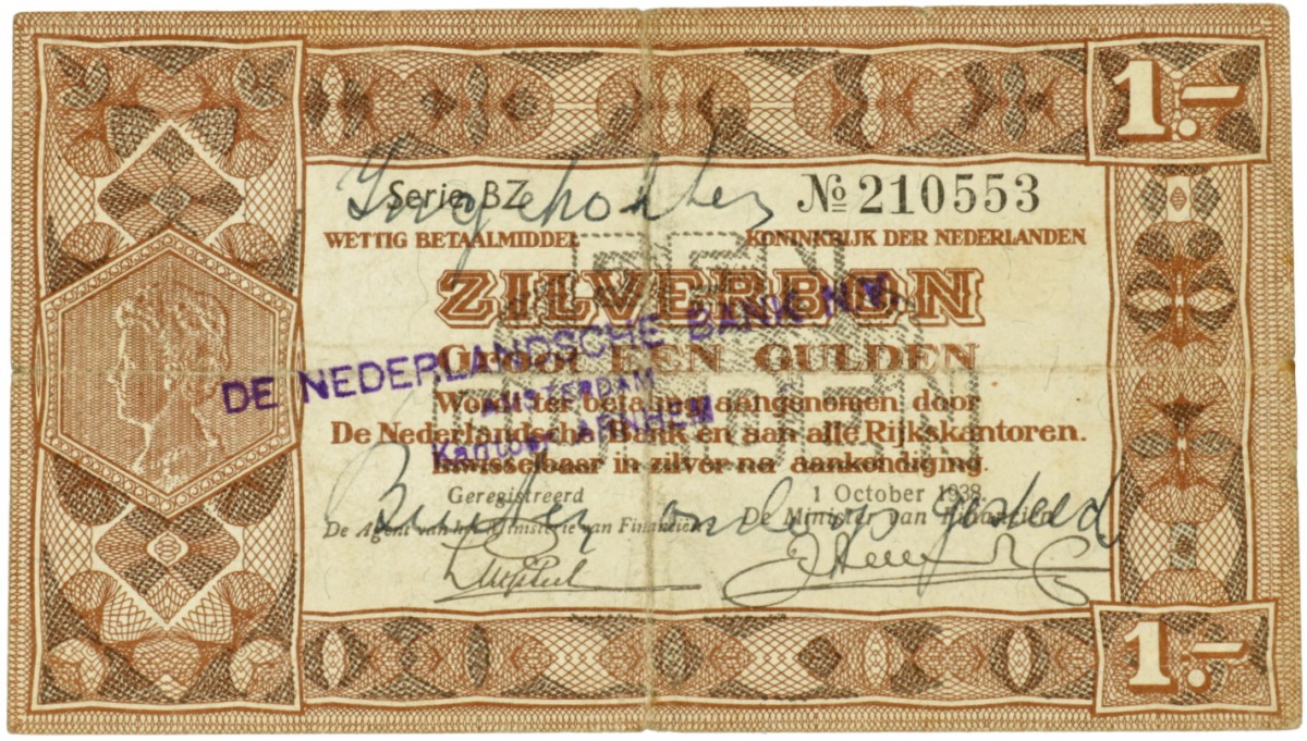 Nederland. 1 gulden. Zilverbon. Type 1938. - Fraai +.