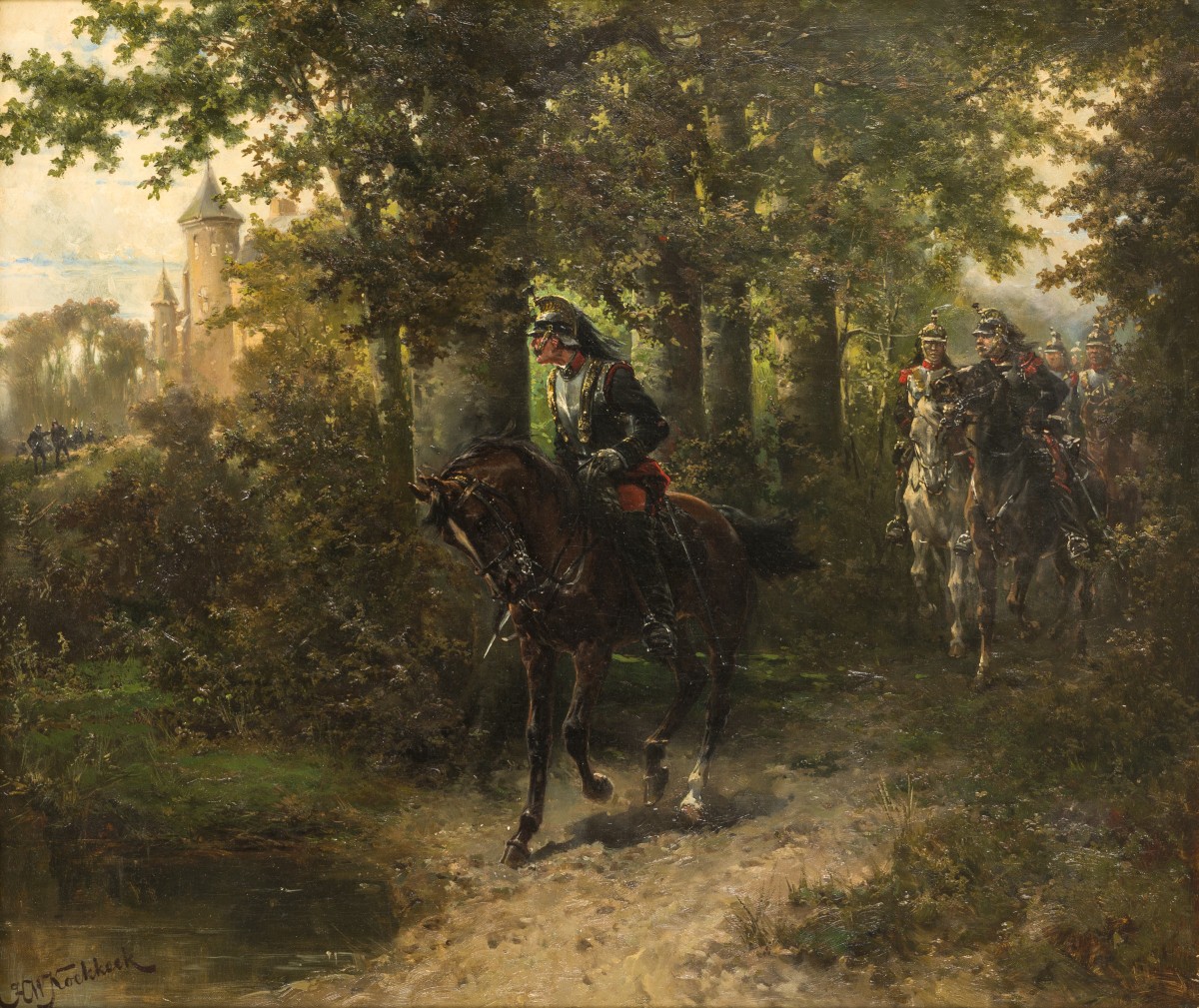 Hermanus Willem Koekkoek (Amsterdam 1867 -  1929), Kurassiers op verkenning.