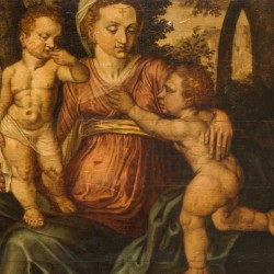 Noordelijke Romanist ca. 1600. Charitas / Liefdadigheid - Een moederfiguur met spelende kinderen in een hof.