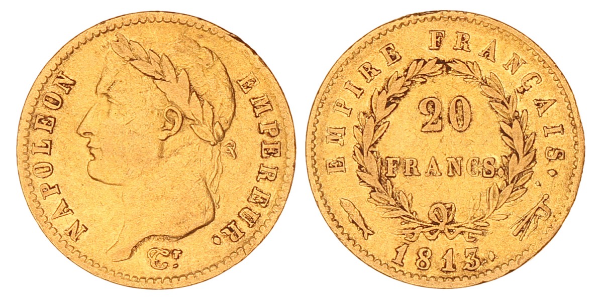 20 Francs. Napoleon. 1813. Zeer Fraai.