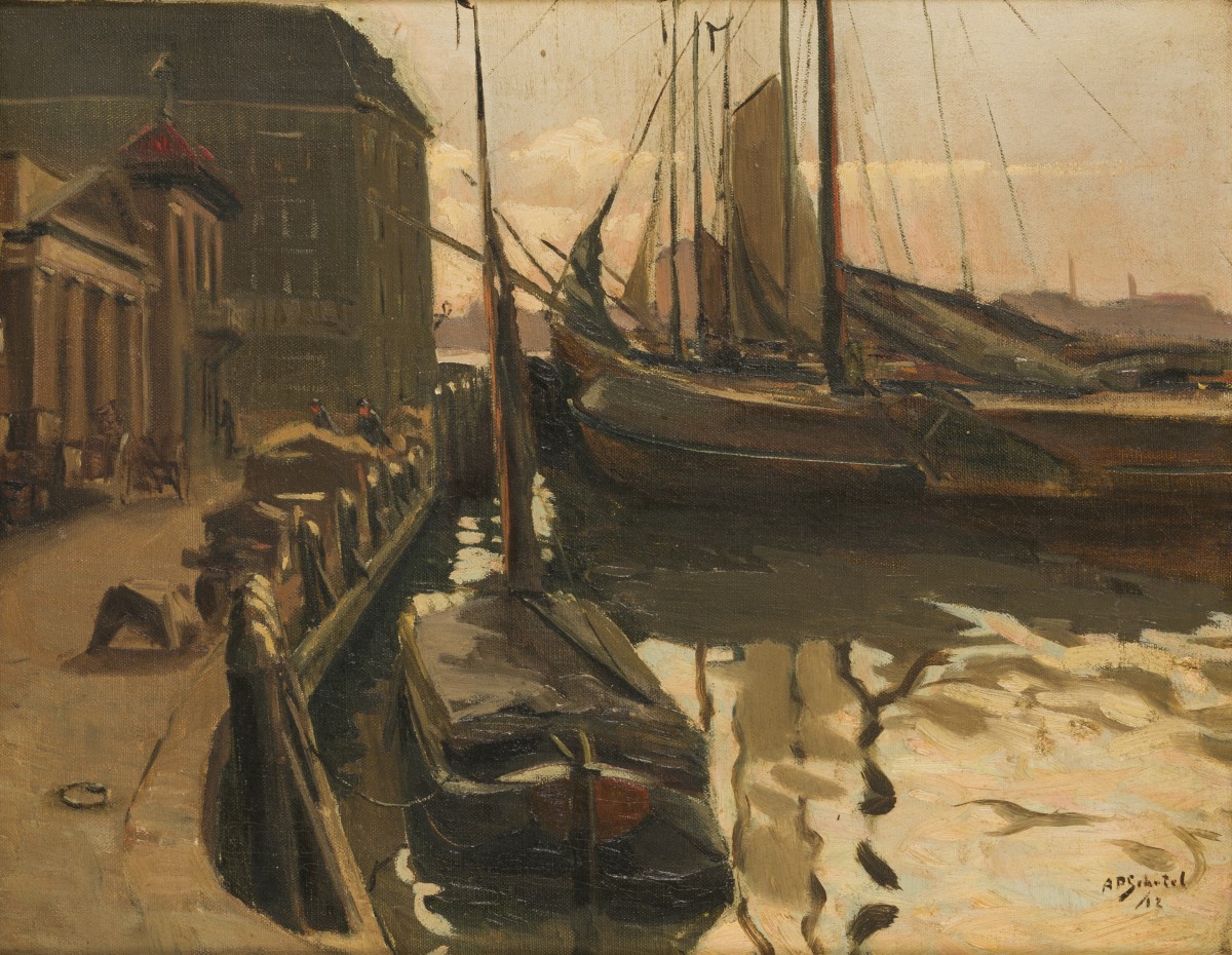 Antonie Pieter Schotel (Dordrecht 1890 - 1958 Laren, NH), Platbodems aan de kade bij Dordrecht.