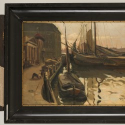 Antonie Pieter Schotel (Dordrecht 1890 - 1958 Laren, NH), Platbodems aan de kade bij Dordrecht.