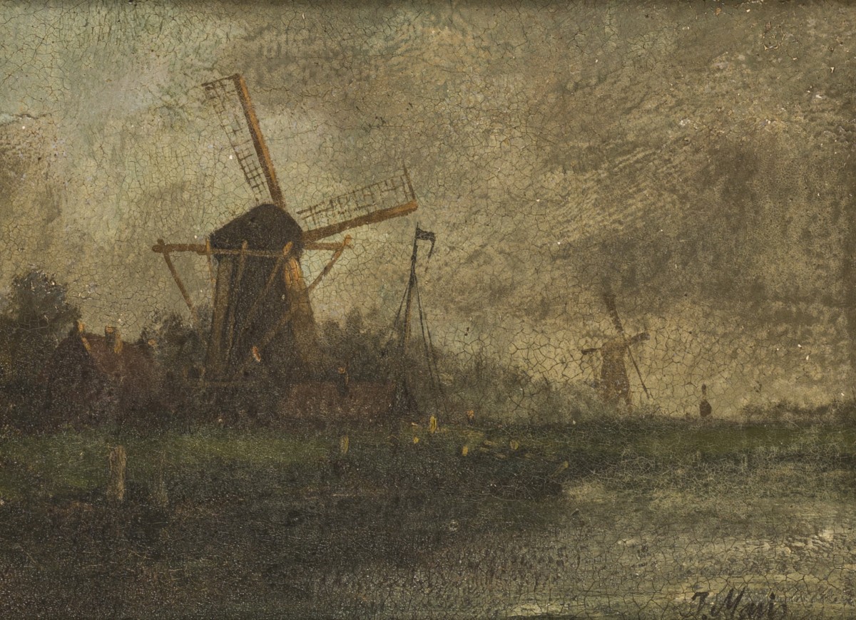 Hollandse School, 20e eeuw. Een molen in een rivierlandschap.