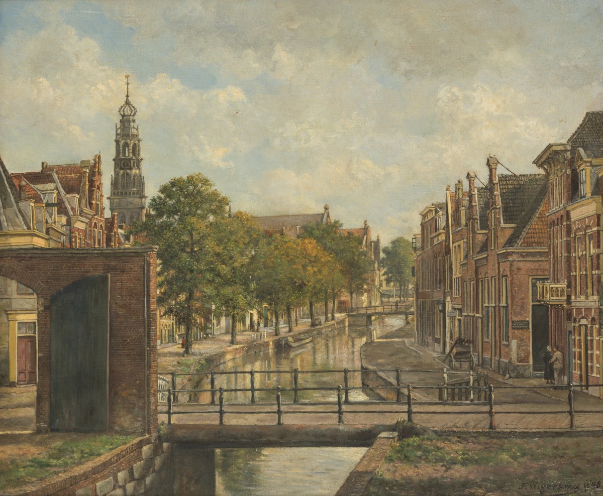 Jaap Wigersma (Noord 1877 - 1957 Haarlem). Gezicht de Bakenessergracht te Haarlem met de Bakenessertoren.