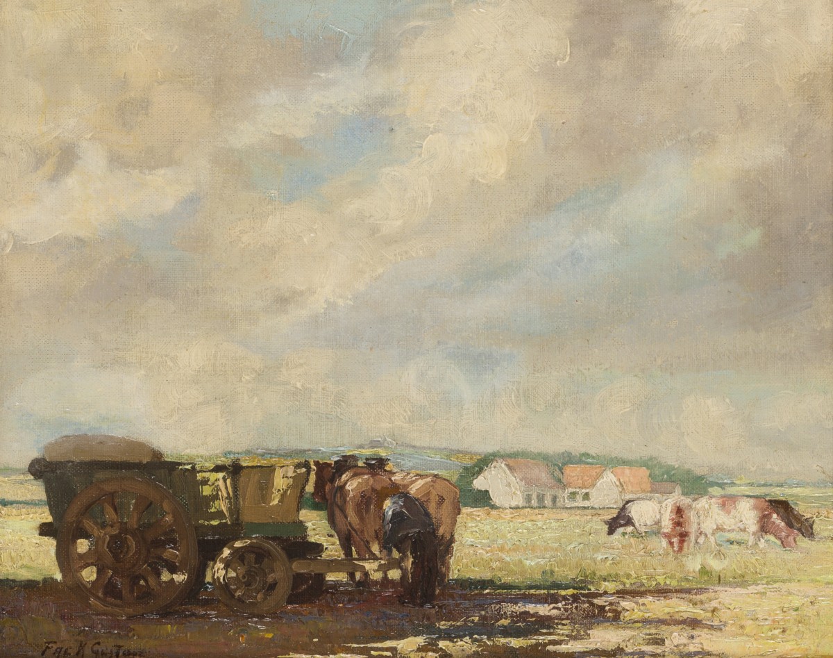 Gustave Facq / Fack (Doornik 1902 - 1971), Een paard en kar in een weidelandschap.