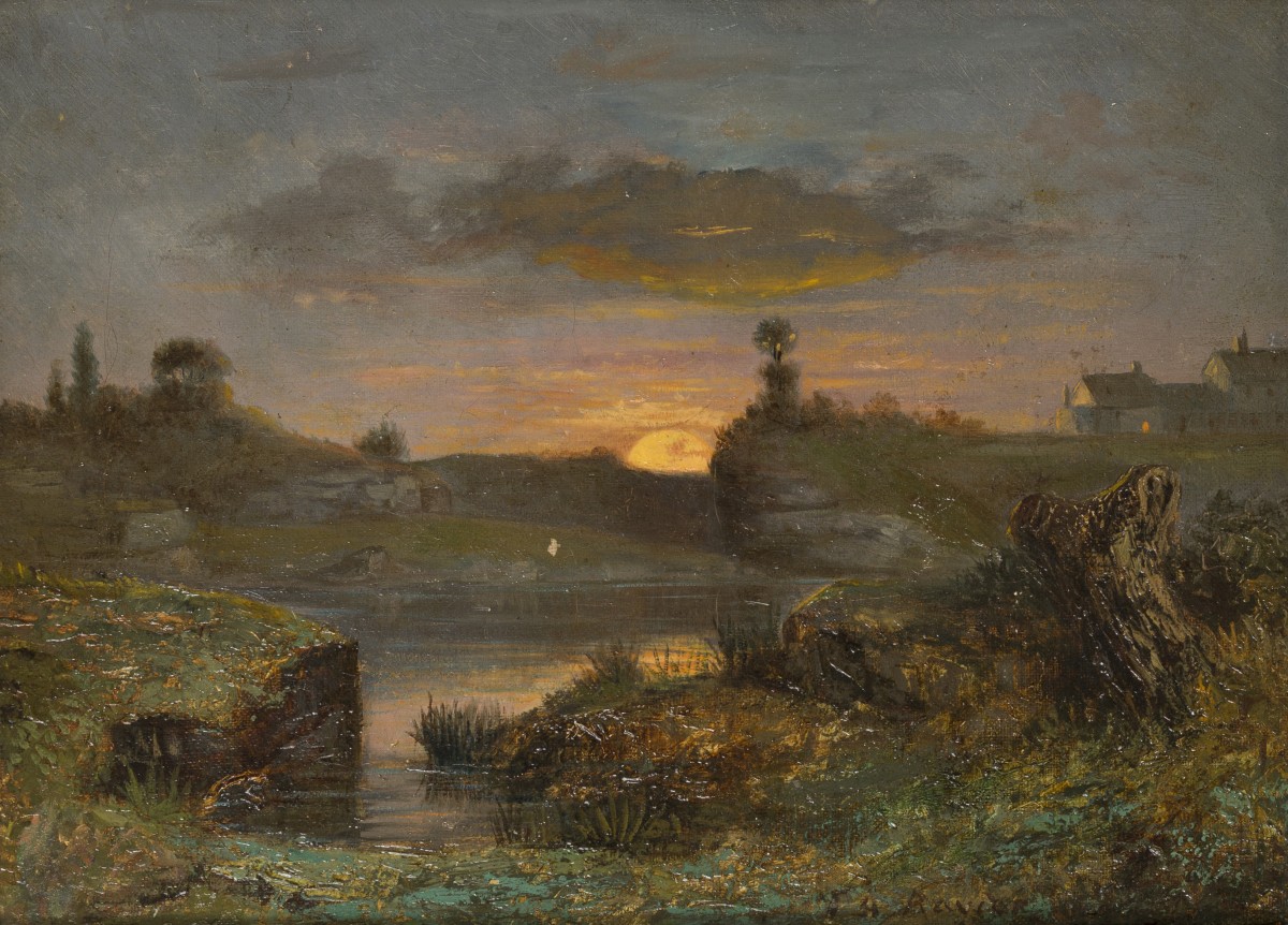 François-Auguste Ravier (Lyon 1814 - 1895 Morestel), Paysage de Morestel - Moeraslandschap met ondergaande zon.