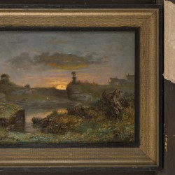 François-Auguste Ravier (Lyon 1814 - 1895 Morestel), Paysage de Morestel - Moeraslandschap met ondergaande zon.