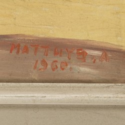 Gesigneerd "Matthys, A.", 20e eeuw. Gezicht op een Zuid-Franse kustplaats.