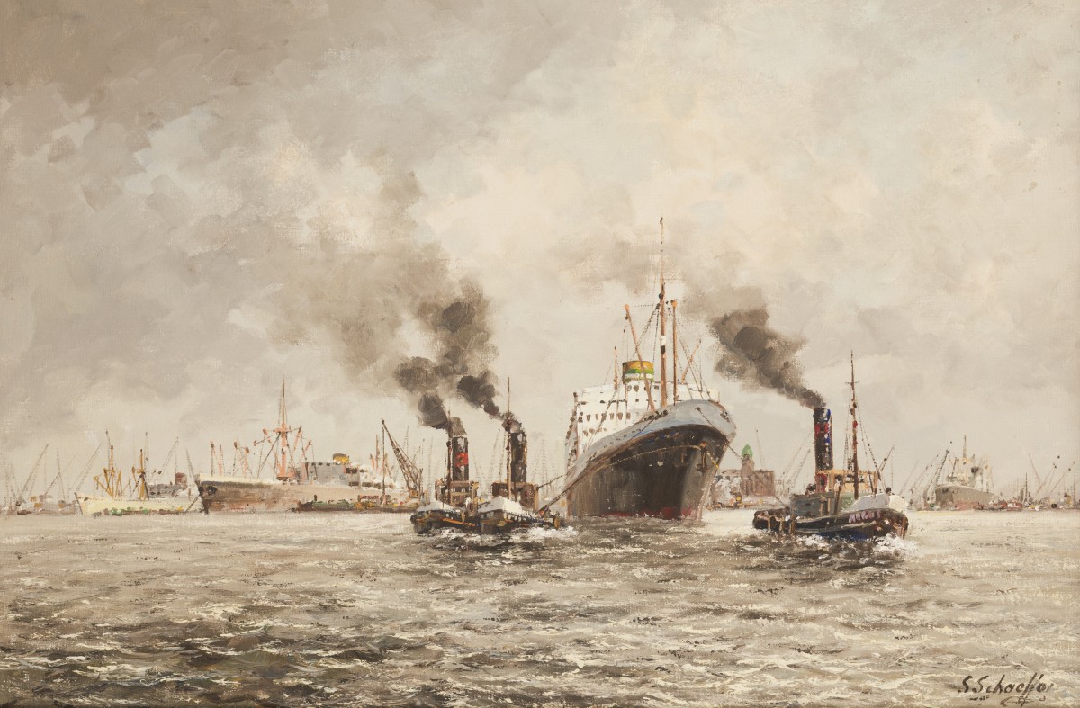 Siem Schaeffer (Rotterdam 1924 - 2005), Slepers trekken een schip van de Holland Amerikalijn (HAL), het HAL-gebouw aan het Koninginnehoofd in de verte.