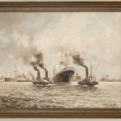 Siem Schaeffer (Rotterdam 1924 - 2005), Slepers trekken een schip van de Holland Amerikalijn (HAL), het HAL-gebouw aan het Koninginnehoofd in de verte.