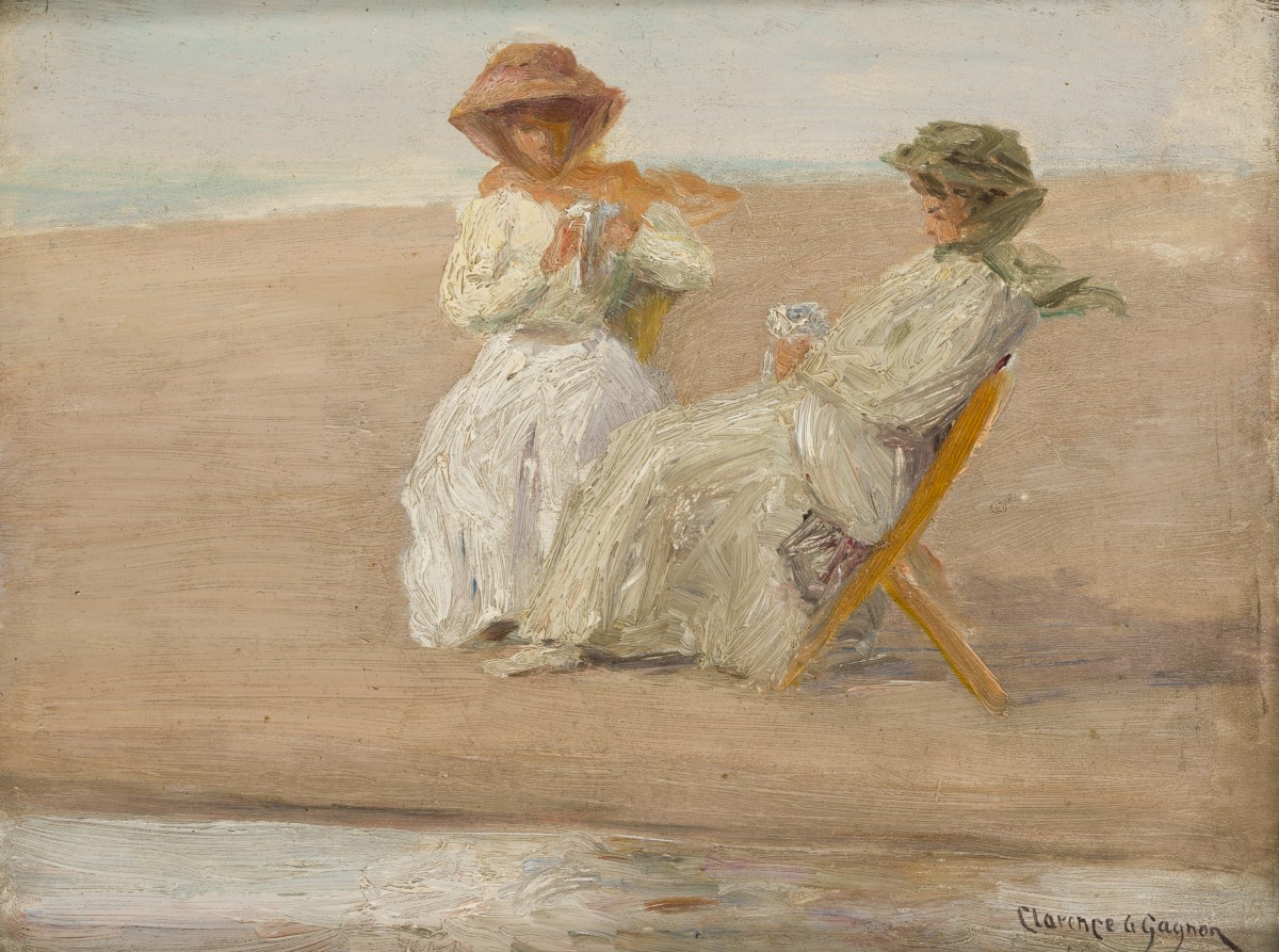 Toegeschreven aan Clarence-Alphonse Gagnon (Sainte-Rose bij Laval 1881 - 1942 Montreal, Ca.), Elegante dames op het strand bij St. Malo (?).