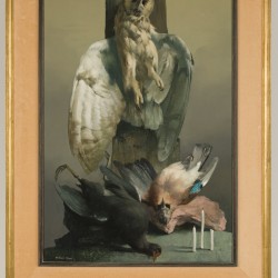 Michael Doré (Geb. 1922), Stilleven met o.a. Uil en Vlaamse Gaai (recto), Surrealistische voorstelling met ballonnen (verso).