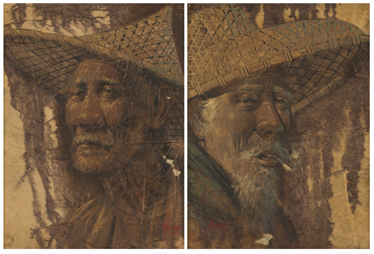 Een  set van (2) schilderijen met voorstelling van rokers op tabaksbladeren.