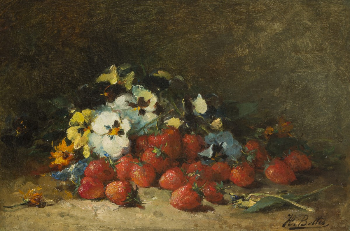 Hubert Bellis (Brussel 1831 - 1902 Sint Joost-ten-Node, Br.), Stilleven van bloemen en aardbeien.