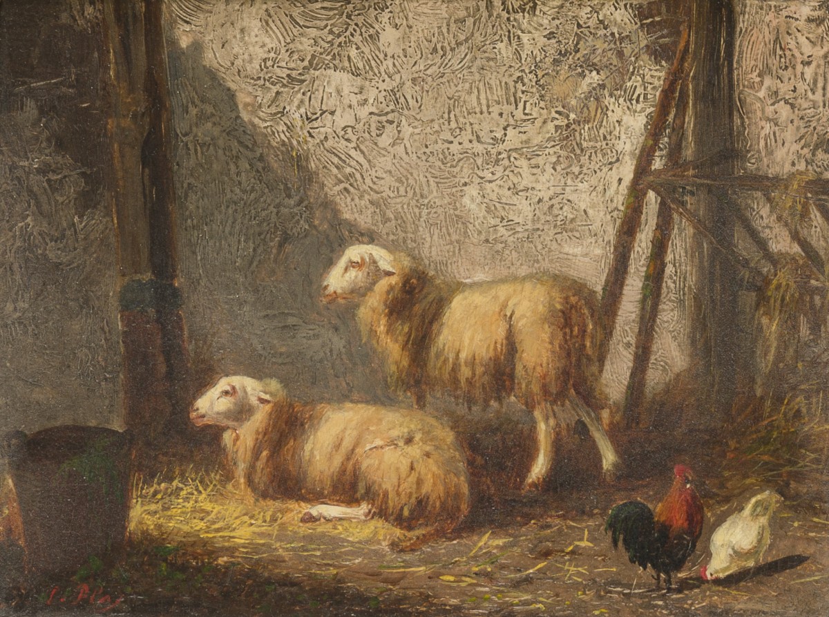 Louwerencius Plas (Alkmaar 1828 - 1888 Amsterdam), Schapen in een stal.