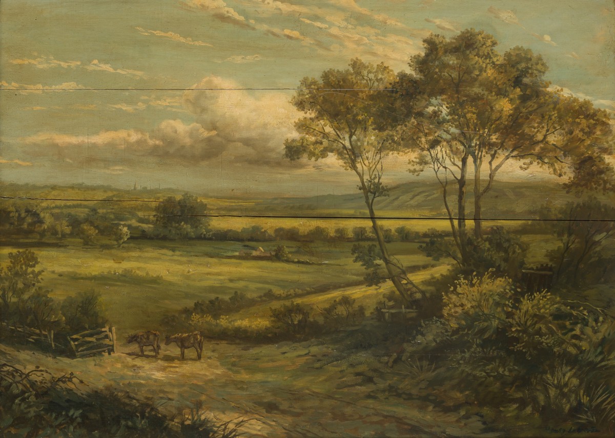 Vlaamse School, 19e eeuw. Een heuvelachtig landschap met vee.