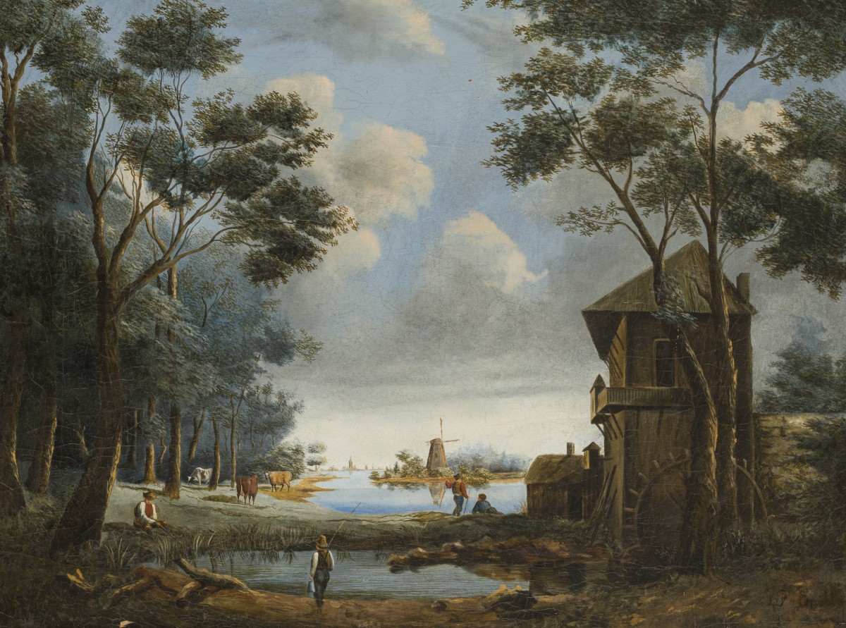 Toegeschreven J.F. Spohler. Figuren aan de waterkant bij een watermolen.