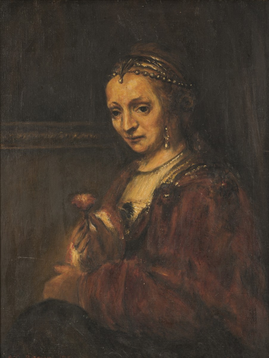 Naar Rembrandt van Rijn (Leiden 1606 - 1669 Amsterdam), Portret van vrouw met anjer.