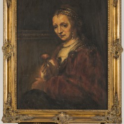 Naar Rembrandt van Rijn (Leiden 1606 - 1669 Amsterdam), Portret van vrouw met anjer.