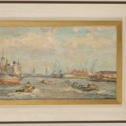 J.P. "Joop" Molenaar (Rotterdam 1914 - 1989), Gezicht op de Rotterdamse haven met het Gebouw van de Holland Amerikalijn en de Koningshavenbrug ("De Hef").