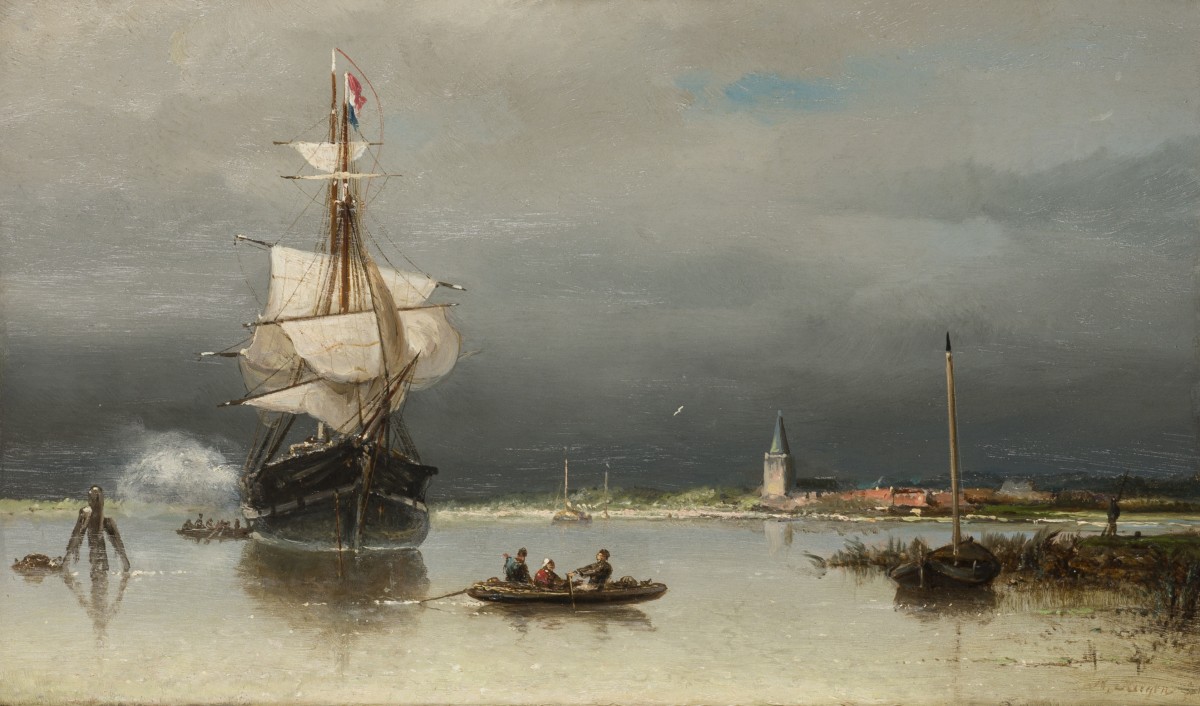 Nicolaas Riegen (Amsterdam 1827 - 1889), Een brik voor anker bij een kustplaats aan de Zuiderzee.