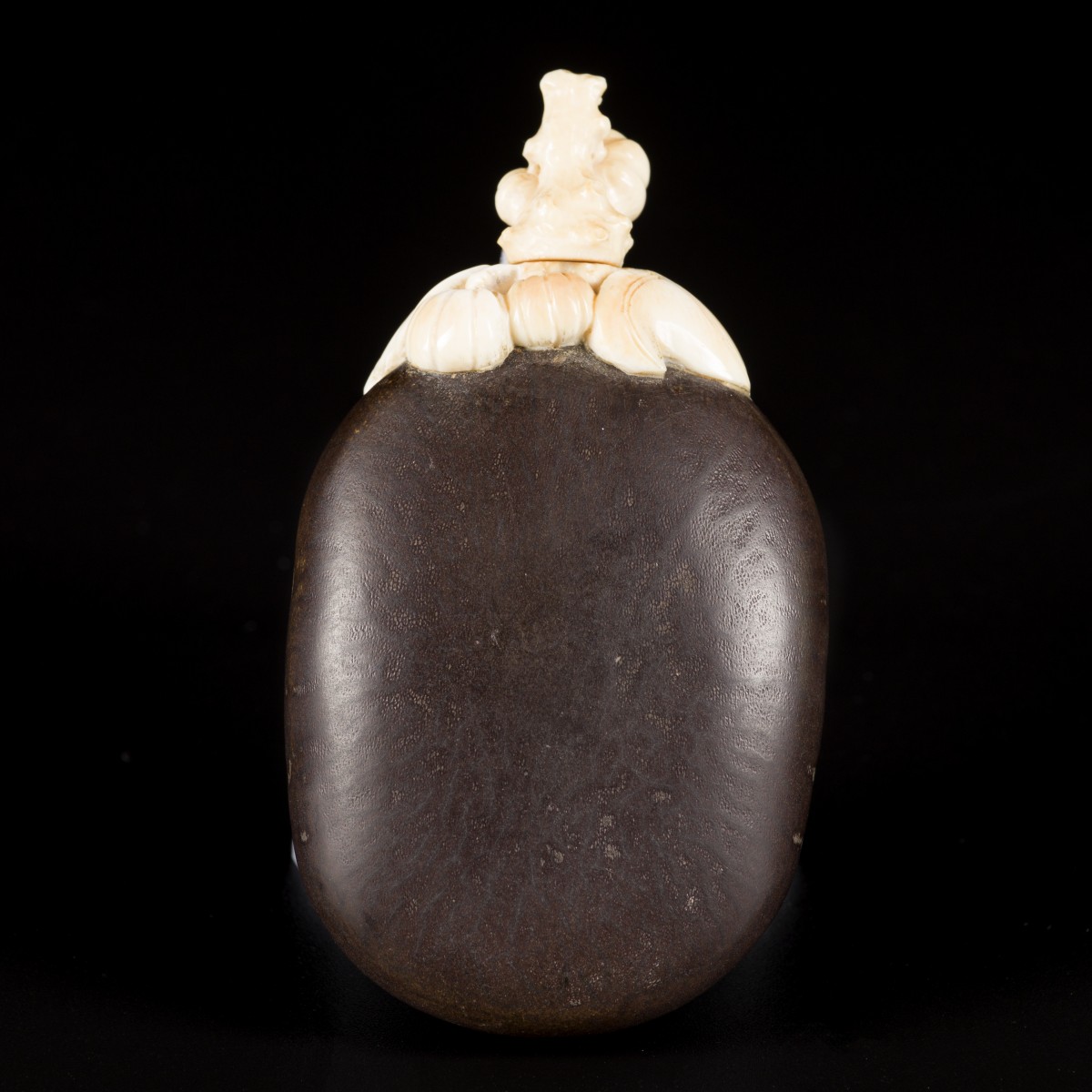 Een noten snuff bottle bezet met been, China, 19e eeuw.