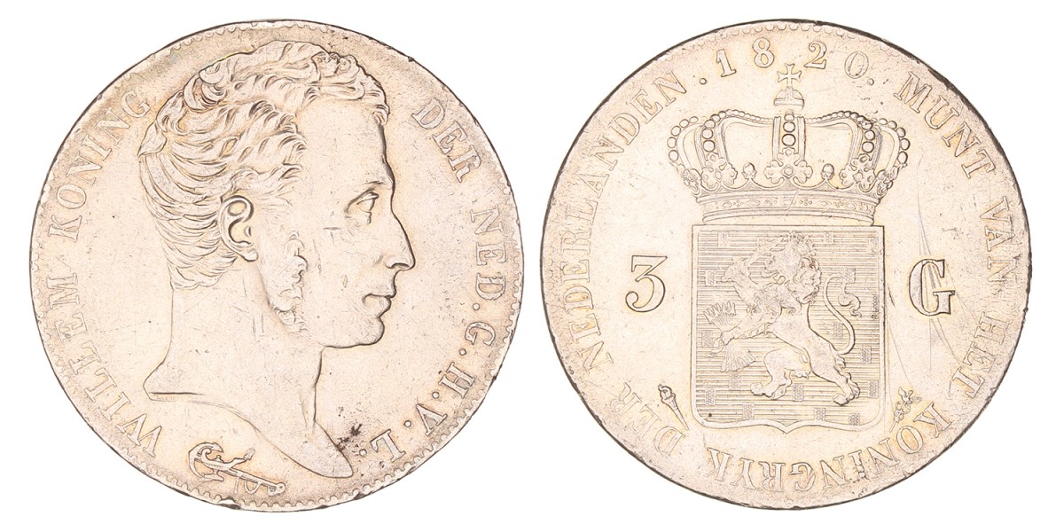 3 Gulden. Willem I. 1820 U. Zeer Fraai.