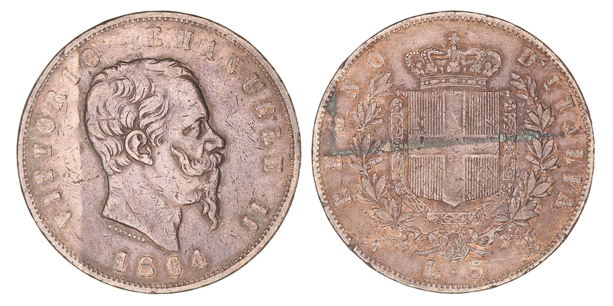 Italy. Vittorio Emanuele II. 5 Lire. 1864.