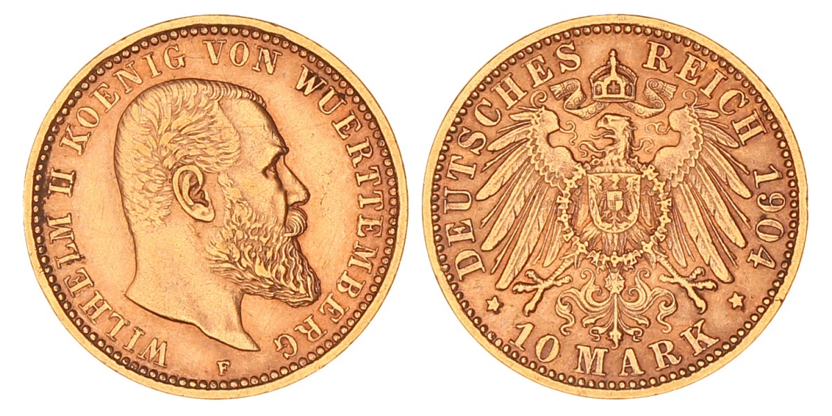 German states. Württemberg. Wilhelm II. 10 Mark. 1904 F.