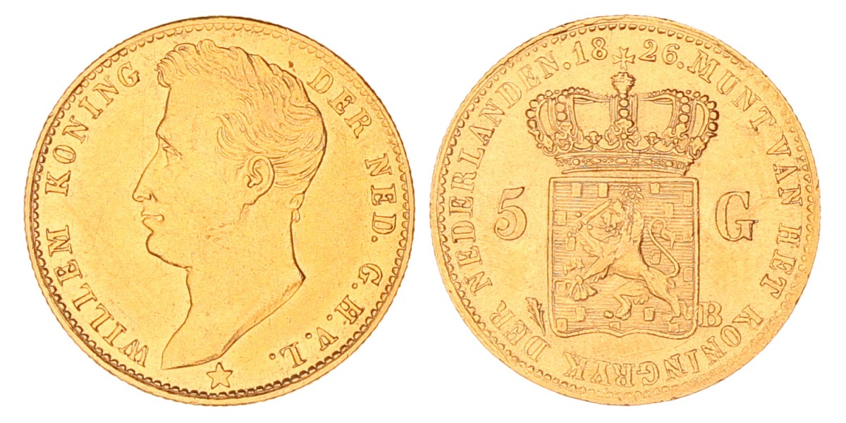 5 gulden goud. Willem I. 1826 B. Zeer Fraai +.