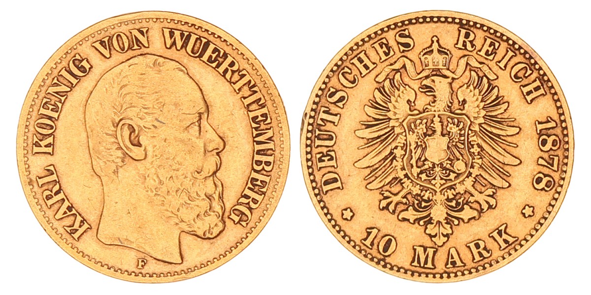 German states. Württemberg. Karl I. 10 Mark. 1878 F.